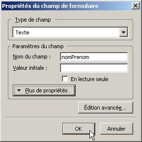 Bote de dialogue champ texte